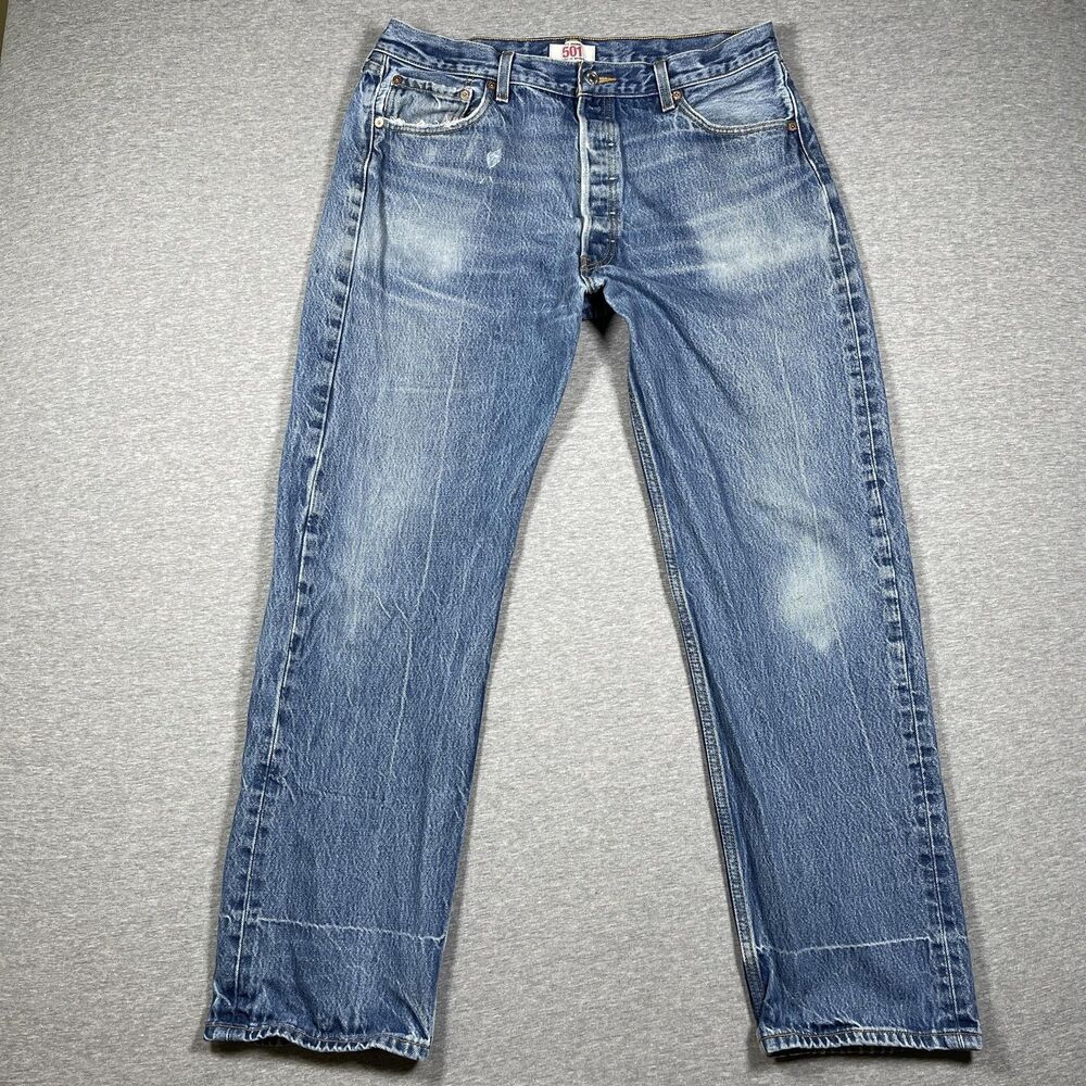 Levi's 501 Jeans Mens 38x34 Blue Wash Straight Button Fly Distressed